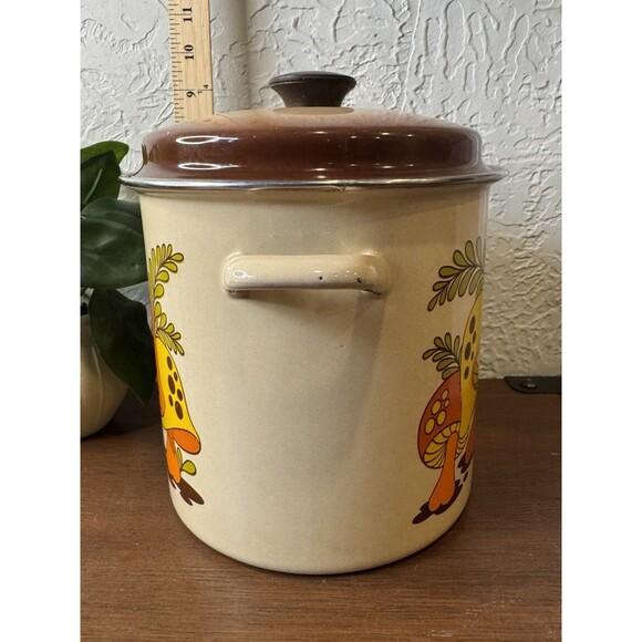 VINTAGE STOCK POT SEARS ENAMELWARE MERRY MUSHROOM RETRO ORANGE BROWN - Picture 5 of 7